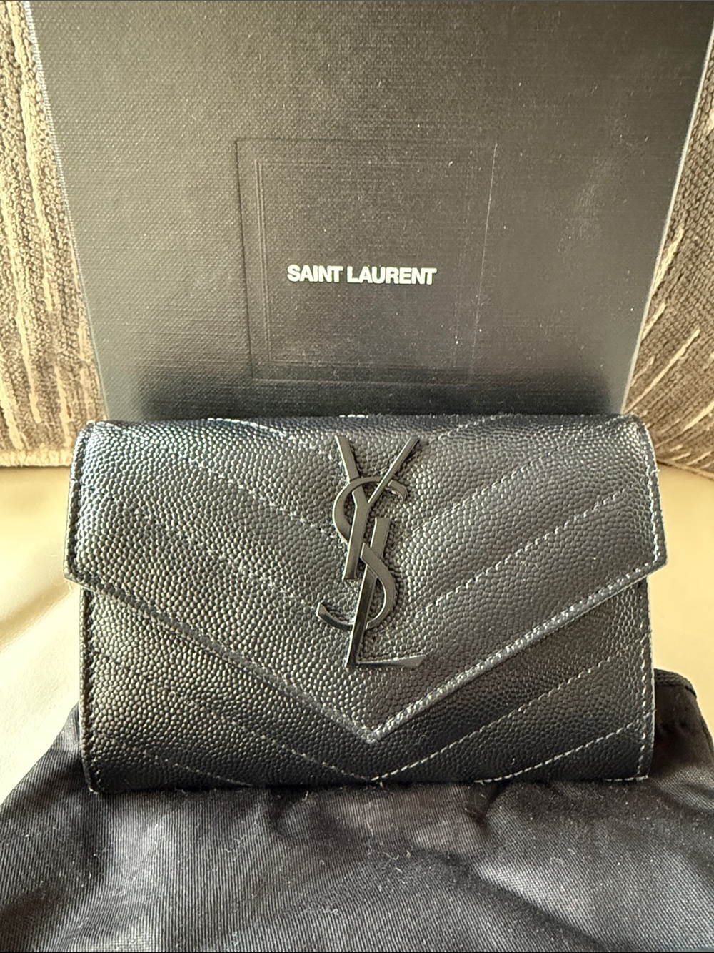 EUC, Saint Laurent YSL Monogram Envelope Wallet – Black Grain Ret. $585